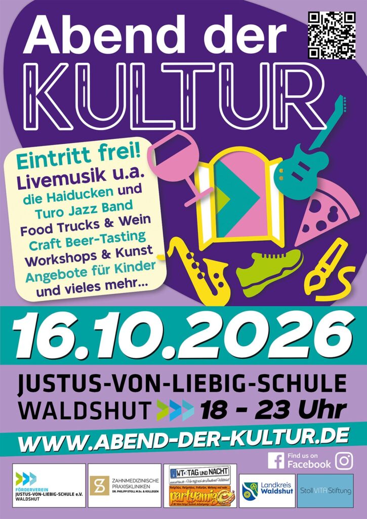 Plakat Abend der Kultur 2026: Freitag, 16.10.2026, 18–23 Uhr, Justus-von-Liebig-Schule Waldshut, Eintritt frei